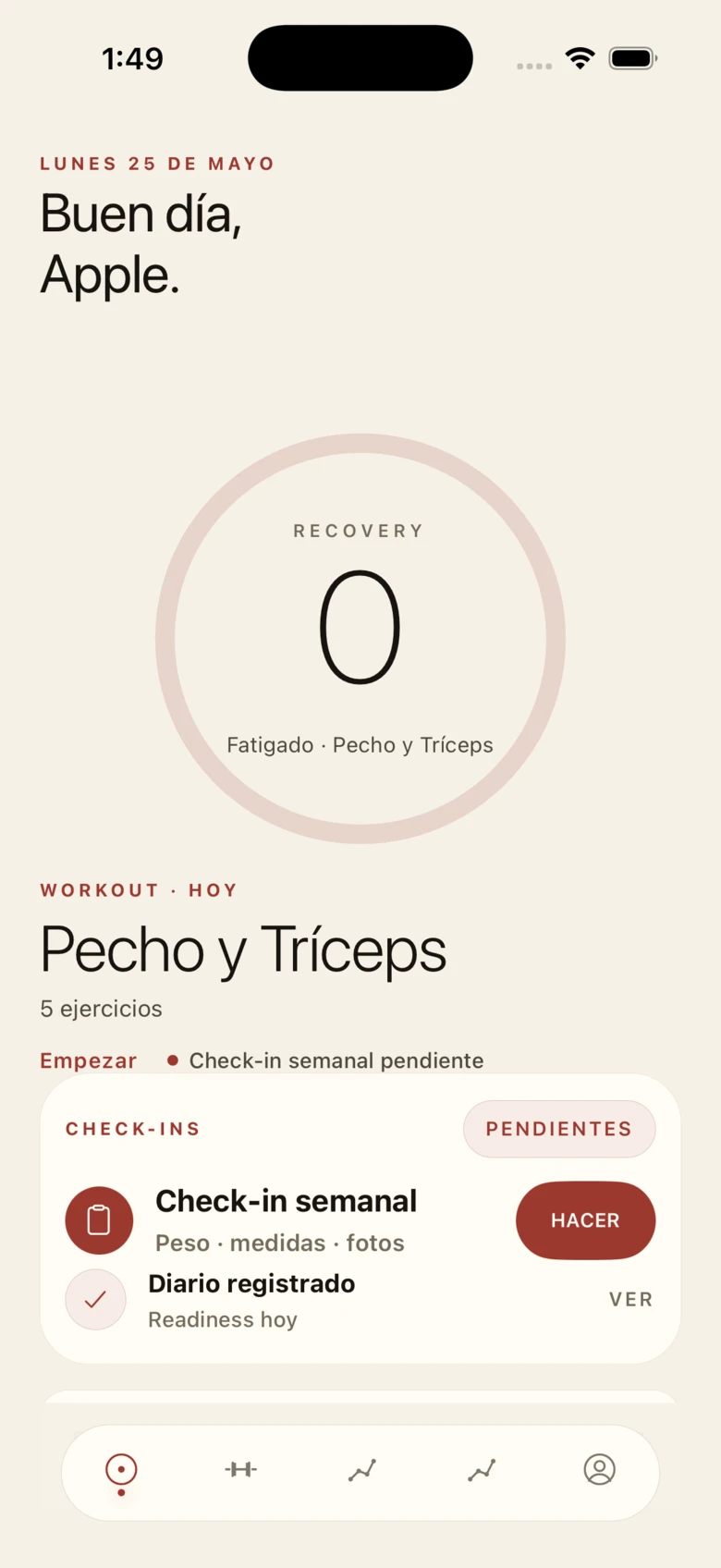 Pantalla de inicio de la app Umbra con entrenamiento y check-ins